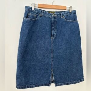 EDDIE BAUER Sz 14 Blue Denim Skirt Western Cottage Core Work Travel Casual Knee